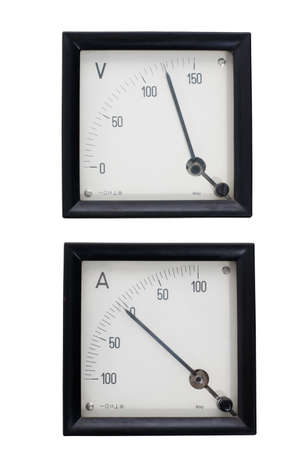 Two old analog instruments ammeter and voltmeter isolated on white