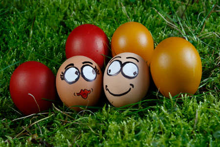 Two egg faces in love in the green grass