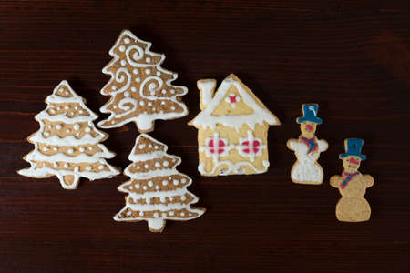 Gingerbread home made cookie snowman, christmas tree and house