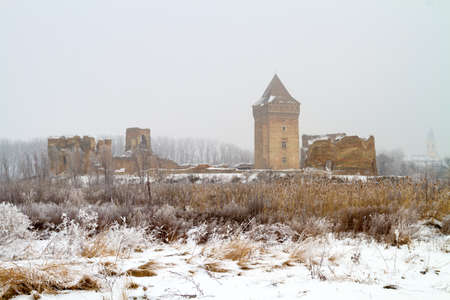 Ruins of medieva Bac fortress in Serbia  on foggy winter day