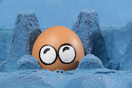 Frightened egg face in the blue eggs panelの写真素材