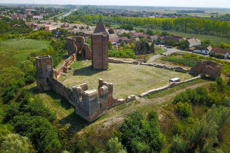 Air view  of town and ruins of  Bac fortress in Serbia province Vojvodinaの写真素材