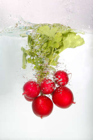 Radish splashing into water on whiteの写真素材