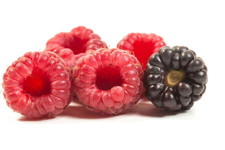 Bunch of fresh ripe raspberries and blackberry on white background