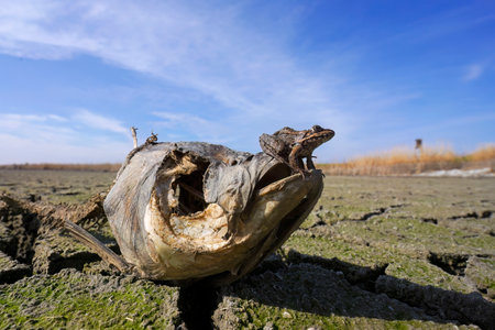 Global warming and Climate change, skeleton of a fish with a frog on its head in a dried up lake.