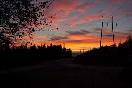 Powerlines and sunrise. Finnish early morning.