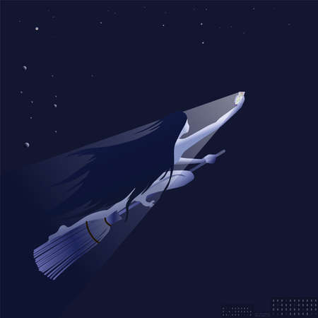 Beautiful young girl the witch flies on a broom looking for a path in the sky on the navigation program in the phone. Fabulous character uses the Internet. Vector illustrationのイラスト素材