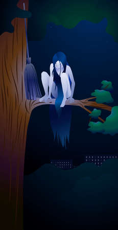 Young cute witch is sad alone away from people, cartoon character. Night forest in the moonlight with town houses on the horizon. Vector illustrationのイラスト素材