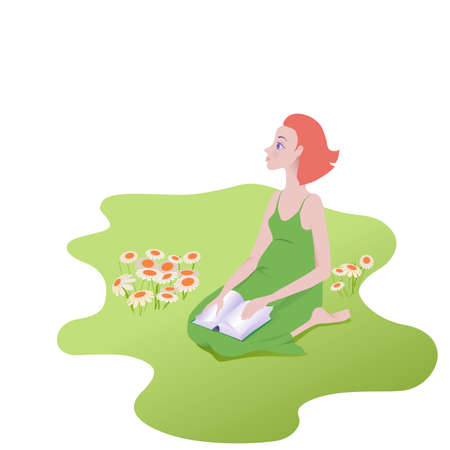 Young pretty girl dreams with a book in her hands sitting on a glade with daisies. Vector illustration. Cartoon character flat designのイラスト素材