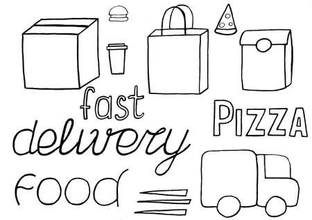 Simple Set of Food Delivery Related Line Icons. Contains such Icons the truck, Food Box, Contactless Delivery and more.の写真素材