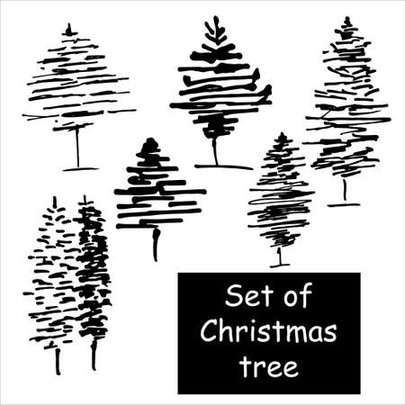 Set of christmas trees vector illustration. Black trees doodles isolated on white background.のイラスト素材