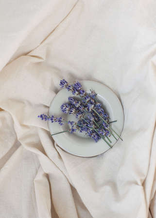 Sprigs of lavender and lavender flowers in a cream bowl on a white background with copyspace. Aromatherapy and home spa conceptの写真素材