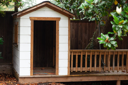 childrens tree house in the backyard, wooden summer eco houseの写真素材