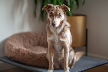 Portrait of a dog, Australian Shepherd sits on a pillow at home and looks at the camera. Cute purebred dog on the floor in daylightの写真素材