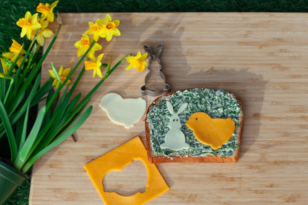 funny easter breakfast with bunny and chicken on sandwich for kid on wooden background