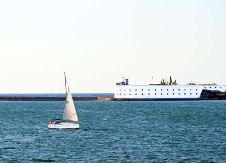 Sevastopol bay, fortress and boat, Crimea, Ukraineの写真素材