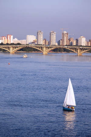 Bridge and yacht in Kiev, Ukraineの写真素材
