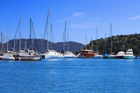 Yachts and boats in marina in Turkeyの写真素材
