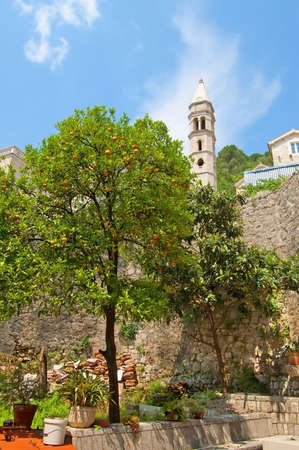 Yard and Our Lady of the Rosary Church in Perast town, Montenegro, Europe