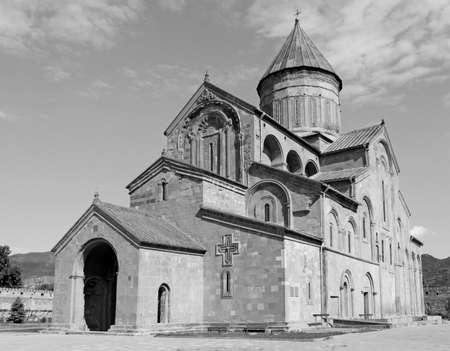 Svetitskhoveli Cathedral in Mtskheta, Georgia in black and white