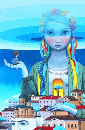 Within the framework of festival   French spring  french painter Julien Mullan and the artist Alexei Kislov from Sevastopol presented new graffiti in Kyiv, Ukraineのeditorial素材