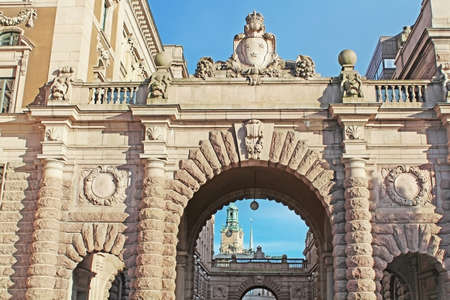 Arch of parliament and Drottninggatan street in Stockholm, Sweden の写真素材
