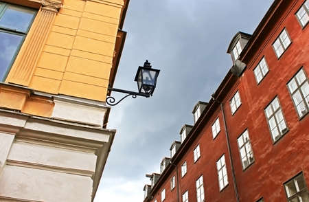 Old buildings and lantern on the street of Stockholm, Swedenの写真素材
