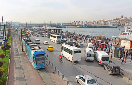 View over traffic next to Eminonu pier and Galata bridge in Istanbul, Turkeyのeditorial素材