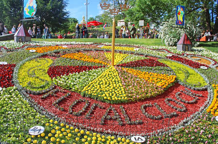 Flower exhibition at Spivoche Pole  in Kyiv Ukraine. Flower exhibition is devoted to the celebration of Europe Day in Kyiv. Flower compositions represent the first 10 founding members of the Council of Europe. Swedenのeditorial素材