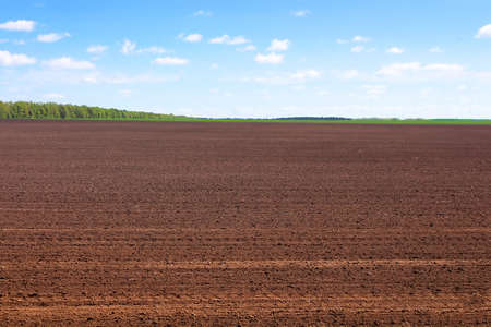 Plowed field in spring and clouds over itの写真素材