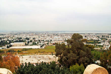 The view from Saint Louis Cathedral of Carthage ruins and the city Cartage, Tunisiaの写真素材