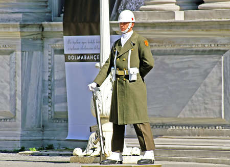 Turkish guardman near Dolmabahce palace, Istanbul, Turkeyのeditorial素材