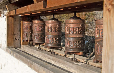 Old Prayer Wheels near village Ranipauwa, Mustang district, Nepalの写真素材
