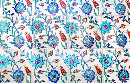 Close up photo of handmade Turkish tiles, in Topkapi Palace, Istanbul, Turkeyの写真素材