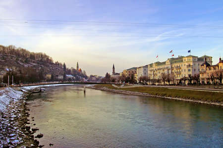 Salzach River in the center of Salzburg, Austriaのeditorial素材
