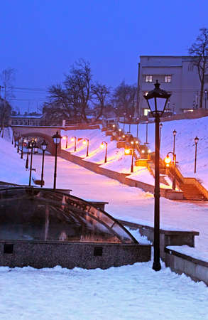 Turkish Square at night in the winter in Chernivtsi, Ukraineの写真素材
