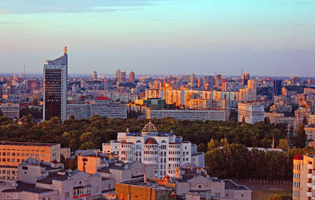 Dormitory area of Kyiv city on the beautiful sunset, Ukraineの写真素材