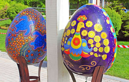 Painted eggs. Street festival of large Easter eggs on Sofievskaya Squareのeditorial素材