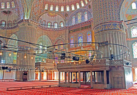 Inside the Blue Mosque (Sultanahmet Camii) in the evening. It was built from 1609 to 1616, during...