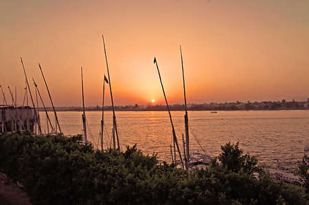 Sunset on the river Nile in Egypt, Africaの写真素材