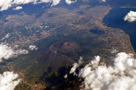 View of Mount Vesuvius and the seafront from the plane, Italyの写真素材