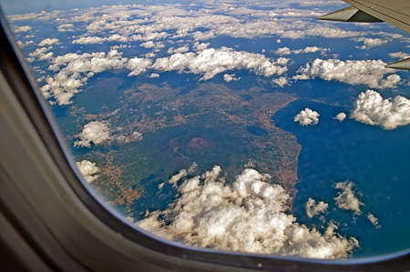 View of Mount Vesuvius and the seafront from the plane, Italy