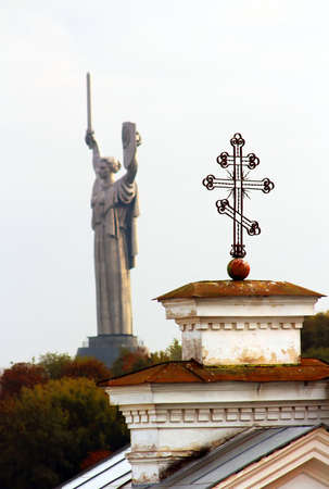 Cross of Kiev-Pechersk Lavra and the monument, Kyiv, Ukraineの写真素材