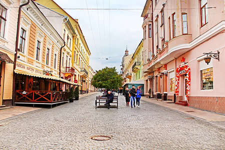 The pedestrian street named Olga Kobylianska. Architecture in the old town Chernivtsi. Western...