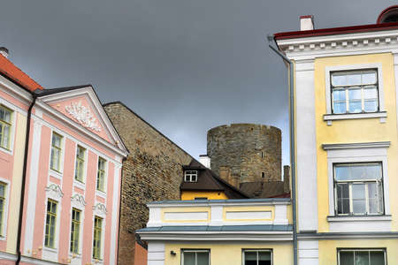 Herman Tower and Parliament building (left) in center of Tallinn, Estoniaの写真素材