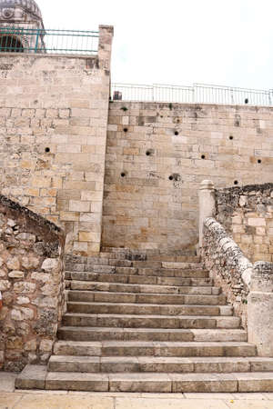 Stairs of church of the Sepulchre of Saint Mary, also Tomb of the Virgin Mary, a Christian tomb in the Kidron Valley, at the foot of Mount of Olives, in Jerusalem, Israelの写真素材