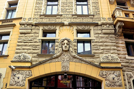 Building facade on the Jauniela Street 25 (Flower Street in the soviet television movies, Riga, Latviaのeditorial素材
