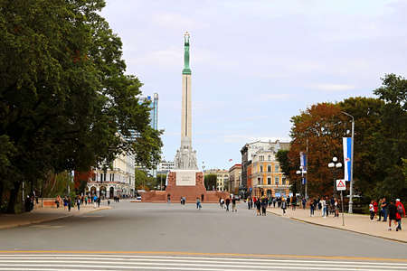Freedom Square with the Freedom Monument of Milda situated in the center of Riga, Latviaのeditorial素材