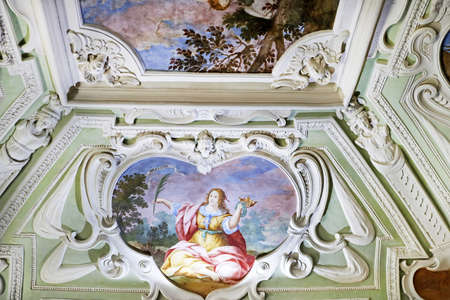 Interior of medieval Cerveny Kamen (Red Stown) Castle, Casta, Slovakia. Ceiling decorated with modeling and paintingsのeditorial素材