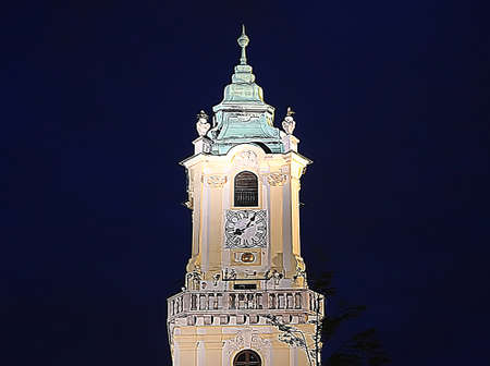 Top of old town hall building in Bratislava old town, Slovakia. Night view